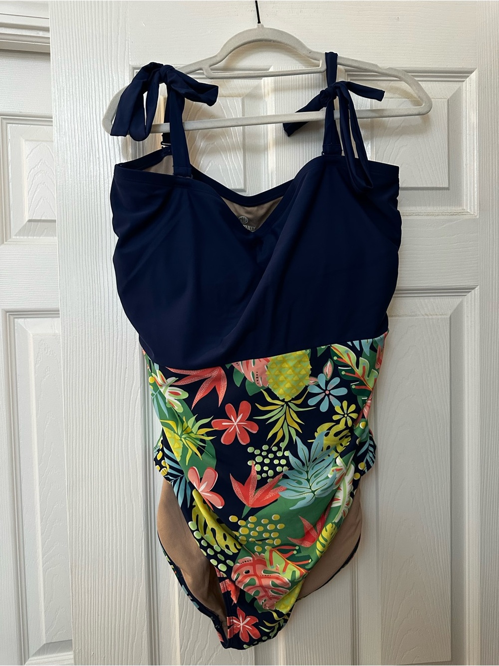 Navy Tropical Tie-Shoulder One-Piece Swimsuit and skirt